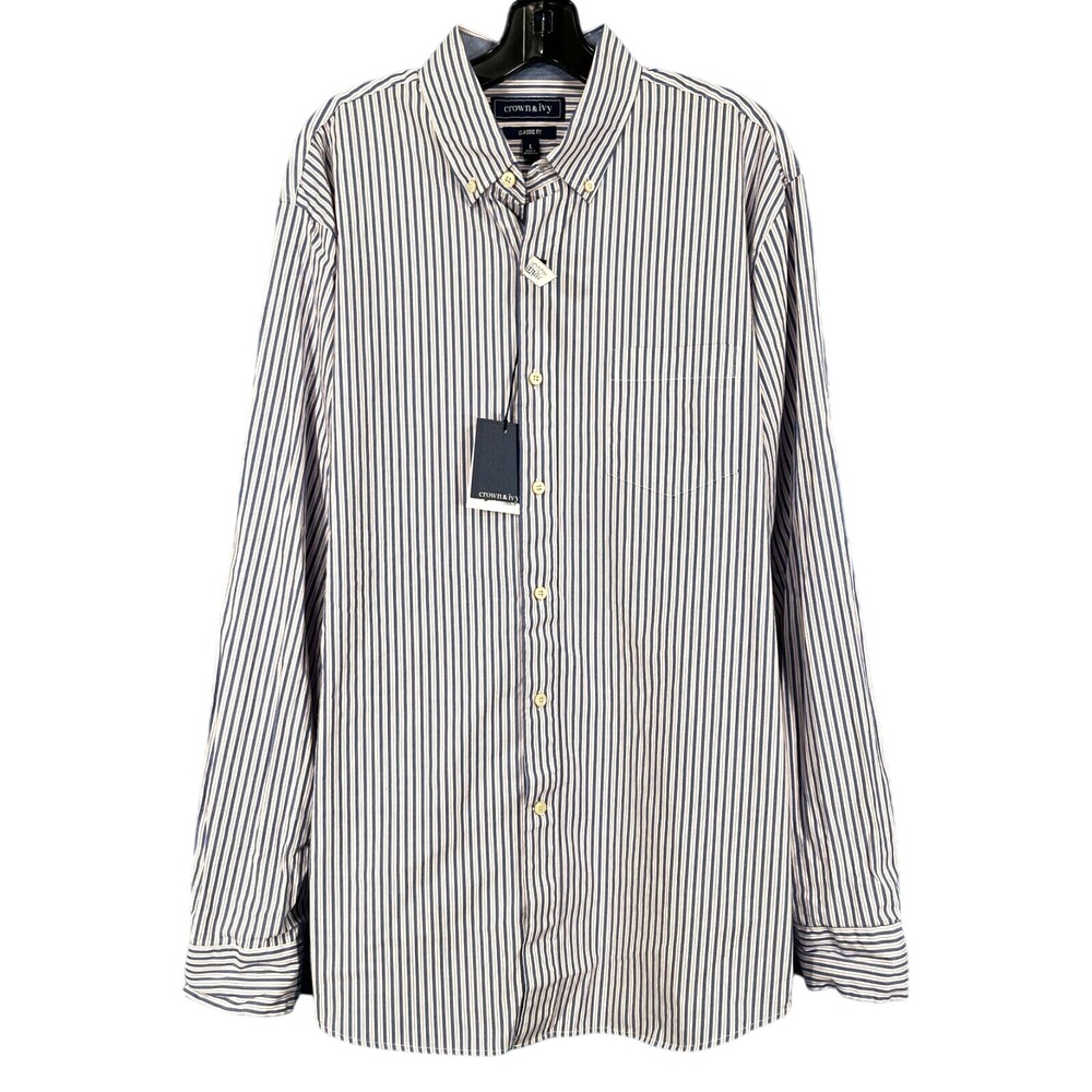 NWT CROWN & IVY Classic Fit BLUE/MULTI Striped COTTON BLEND Button-Up SHIRT L